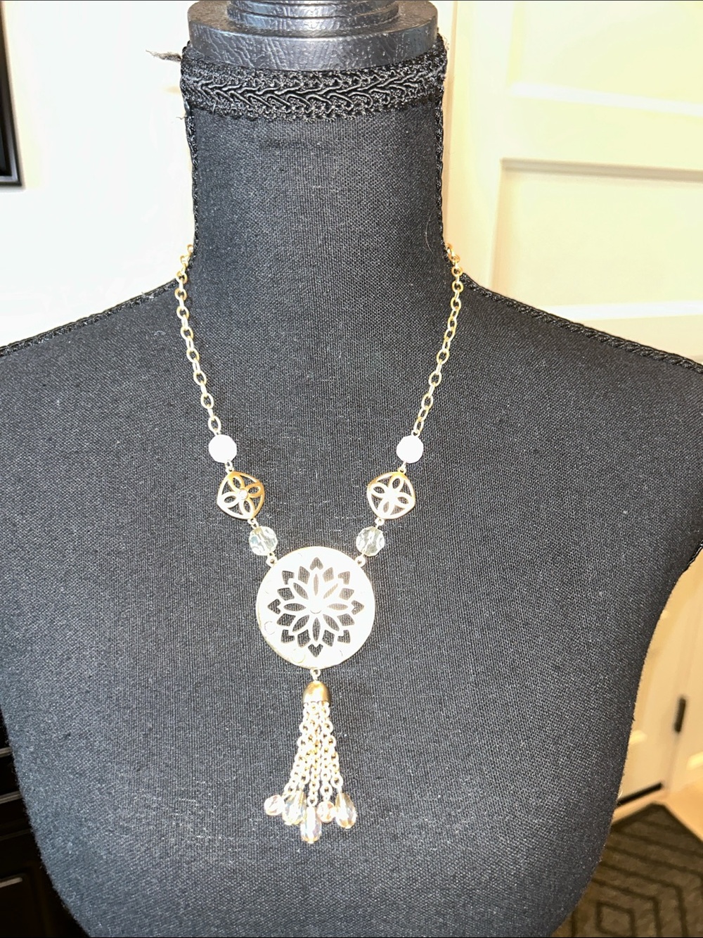 Gold and White Filigree Medallion Tassel Necklace - Women Jewelry